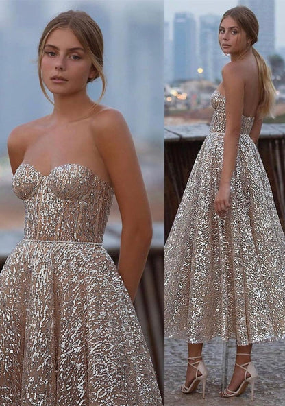 Short A-Line Sweetheart Sequins Ankle-length Backless Prom Dress
