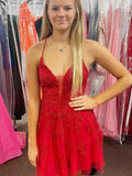 Robes de bal courtes en dentelle rouge, dos nu, en ligne A, col en V, robes formelles pour retour à la maison