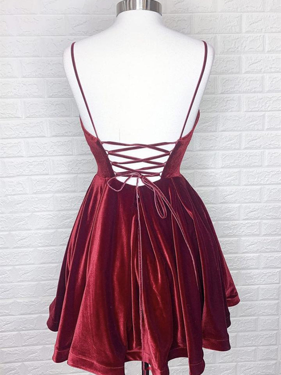 Short A-line V Neck Backless Velvet Prom Gowns Burgundy Formal Graduation Homecoming Dresses