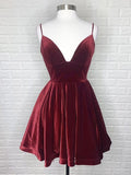 Short A-line V Neck Backless Velvet Prom Gowns Burgundy Formal Graduation Homecoming Dresses