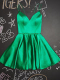 Short A-line V Neck Satin Homecoming Prom Dresses Green Formal Graduation Evening Gowns