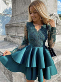Short A-line V-neck Satin Lace Graduation Prom Homecoming Dresses with Sleeves