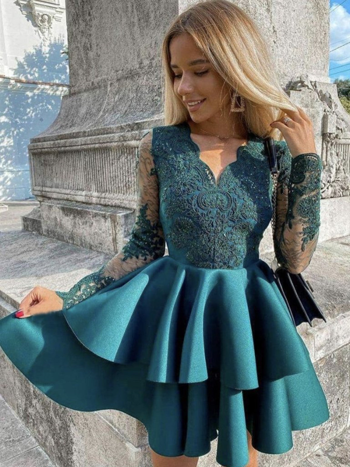 Short A-line V-neck Satin Lace Graduation Prom Homecoming Dresses with Sleeves