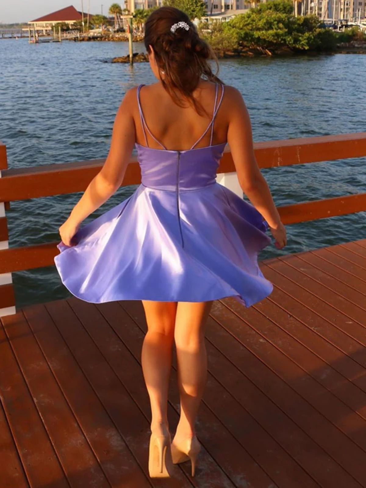Vestido de fiesta corto de satén con escote en V, corte A y bolsillos, color lila