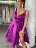 Robe de bal courte en satin, ligne A, col en V, fendue, violette, robes de retour à la maison