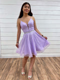 Robes de bal courtes en tulle lilas, dos nu, en ligne A, col en V, robes de retour à la maison