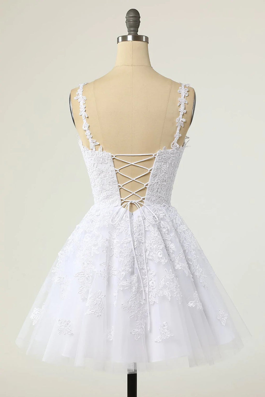 Robe de bal courte en tulle à jupe évasée, col en V, dos nu en dentelle blanche, robes de retour à la maison