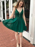 Short A-line V Neck Tulle Lace Prom Dresses Green Formal Graduation Evening Dresses