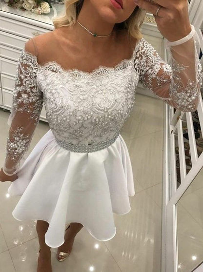 Kurzes A-Linien-Ballkleid aus weißer Spitze und Chiffon mit langen Ärmeln