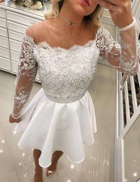 Kurzes A-Linien-Ballkleid aus weißer Spitze und Chiffon mit langen Ärmeln