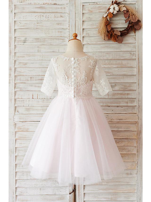 Lace Ball Gown Flower Girl Dress Half Sleeve Jewel Neck For Wedding