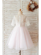 Lace Ball Gown Flower Girl Dress Half Sleeve Jewel Neck For Wedding