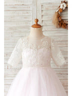 Lace Ball Gown Flower Girl Dress Half Sleeve Jewel Neck For Wedding