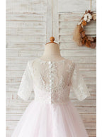 Lace Ball Gown Flower Girl Dress Half Sleeve Jewel Neck For Wedding