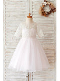 Lace Ball Gown Flower Girl Dress Half Sleeve Jewel Neck For Wedding