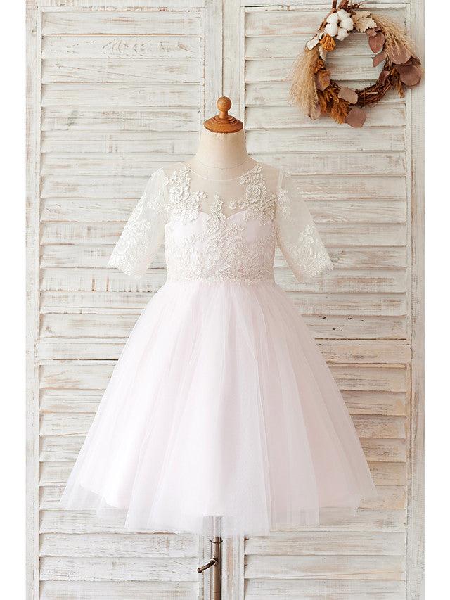 Lace Ball Gown Flower Girl Dress Half Sleeve Jewel Neck For Wedding