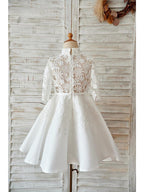 Elegant Ball Gown Lace Flower Girl Wedding Dress Long Sleeve High Neck