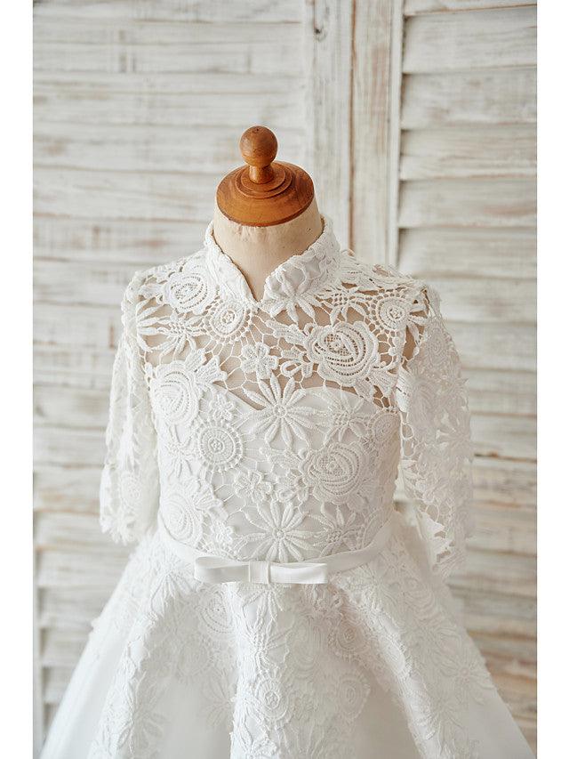 Elegant Ball Gown Lace Flower Girl Wedding Dress Long Sleeve High Neck