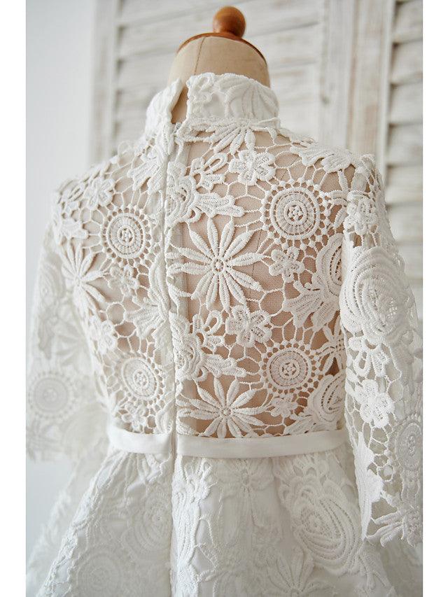 Elegant Ball Gown Lace Flower Girl Wedding Dress Long Sleeve High Neck