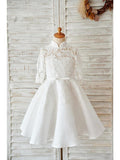 Elegant Ball Gown Lace Flower Girl Wedding Dress Long Sleeve High Neck