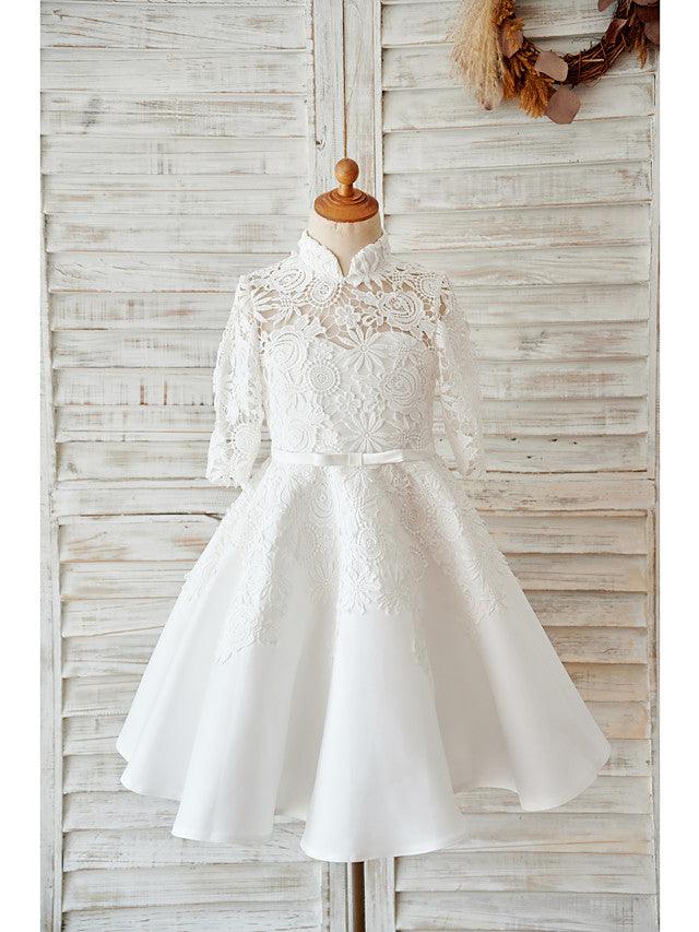 Elegant Ball Gown Lace Flower Girl Wedding Dress Long Sleeve High Neck