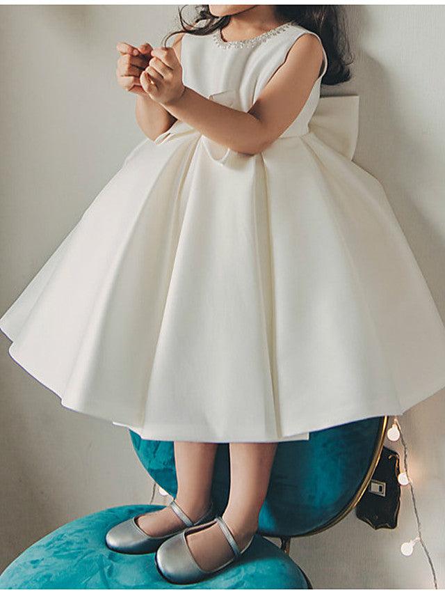 Tea Length Satin Flower Girl Dress Ball Gown Sleeveless Jewel Neck Wedding