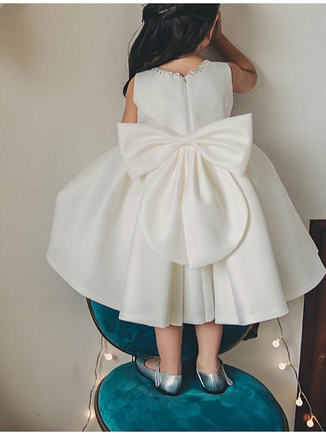 Tea Length Satin Flower Girl Dress Ball Gown Sleeveless Jewel Neck Wedding