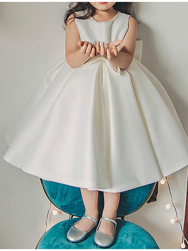 Tea Length Satin Flower Girl Dress Ball Gown Sleeveless Jewel Neck Wedding