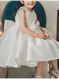 Tea Length Satin Flower Girl Dress Ball Gown Sleeveless Jewel Neck Wedding