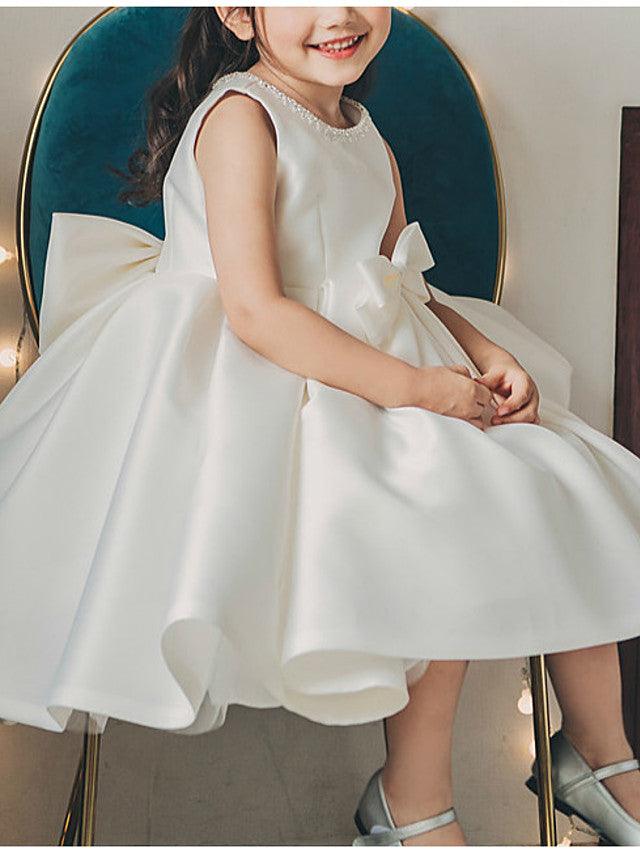 Tea Length Satin Flower Girl Dress Ball Gown Sleeveless Jewel Neck Wedding