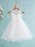 Satin Tulle Ball Gown Jewel Neck Beaded Flower Girl First Communion Dress