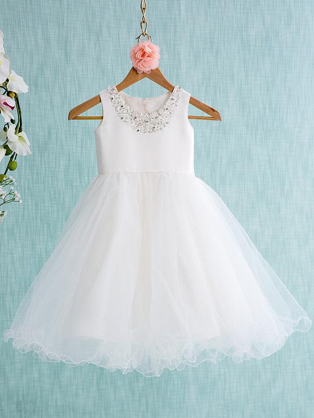 Satin Tulle Ball Gown Jewel Neck Beaded Flower Girl First Communion Dress