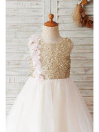 Sleeveless Tulle Sequined Ball Gown Flower Girl Wedding Dress With Zipper Back
