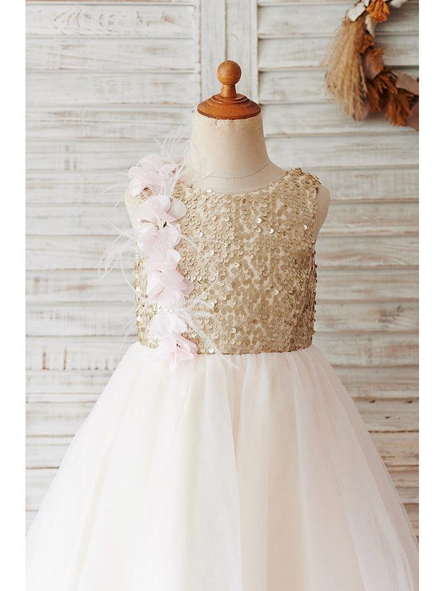 Sleeveless Tulle Sequined Ball Gown Flower Girl Wedding Dress With Zipper Back