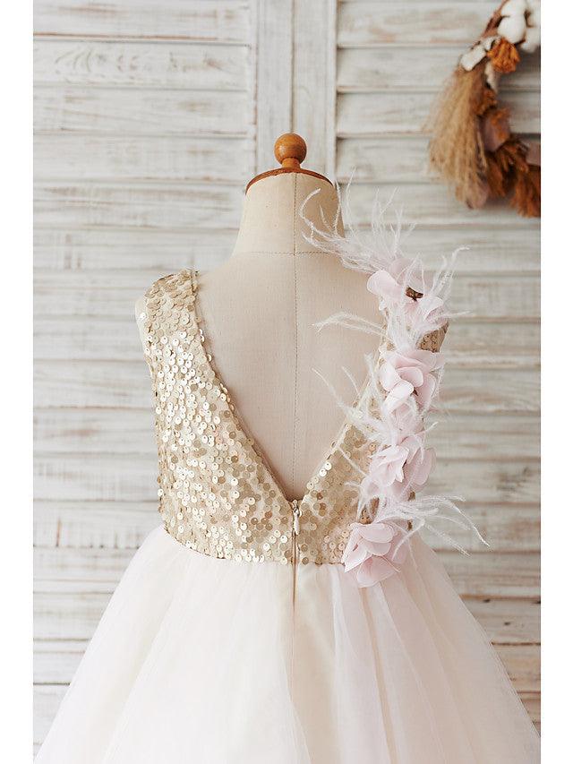 Sleeveless Tulle Sequined Ball Gown Flower Girl Wedding Dress With Zipper Back