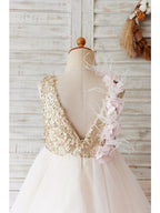 Sleeveless Tulle Sequined Ball Gown Flower Girl Wedding Dress With Zipper Back