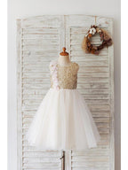 Sleeveless Tulle Sequined Ball Gown Flower Girl Wedding Dress With Zipper Back