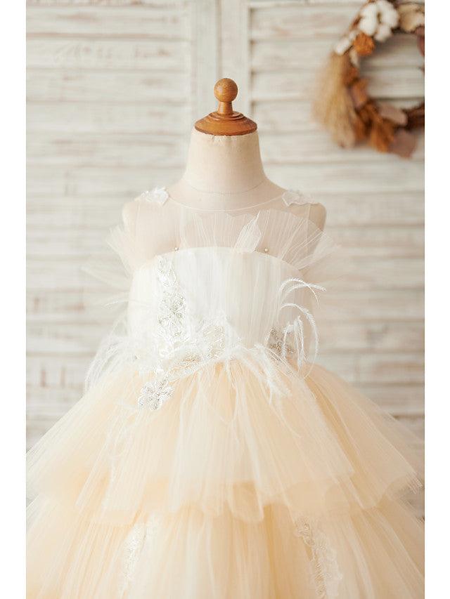 Sleeveless Flower Girl Ball Gown Dress Jewel Neck Lace And Beading