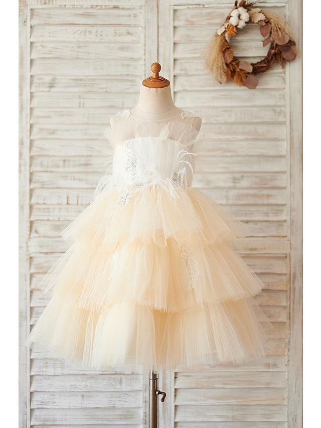 Sleeveless Flower Girl Ball Gown Dress Jewel Neck Lace And Beading