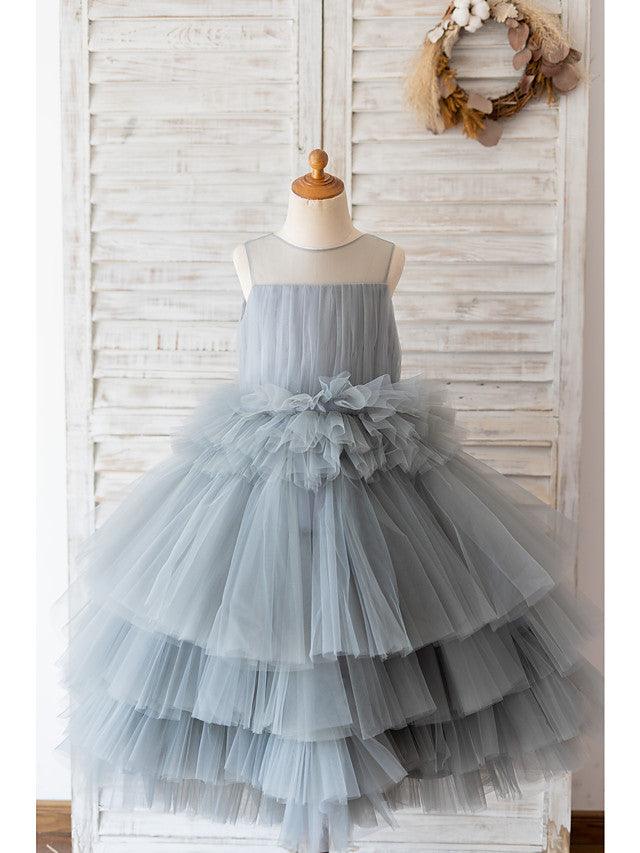 Tulle Sleeveless Ball Gown Flower Girl Dress Wedding Birthday Jewel Neck Gown