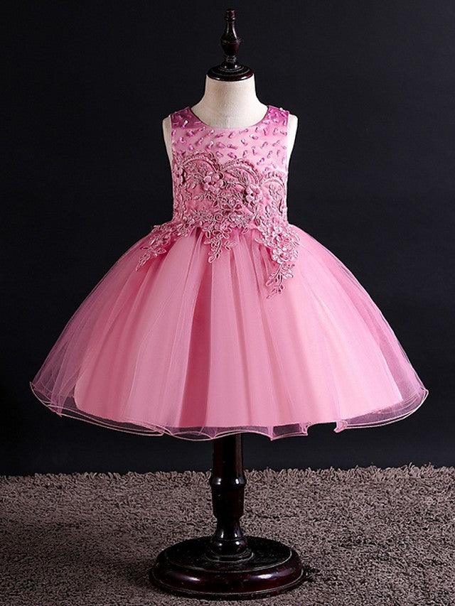 Sleeveless Jewel Neck Beaded Tulle Ball Gown Flower Girl Wedding Dress