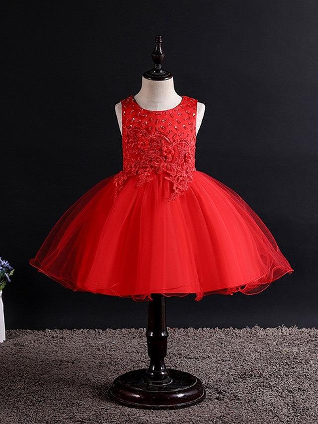 Sleeveless Jewel Neck Beaded Tulle Ball Gown Flower Girl Wedding Dress