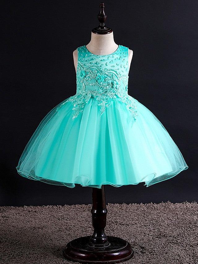Sleeveless Jewel Neck Beaded Tulle Ball Gown Flower Girl Wedding Dress
