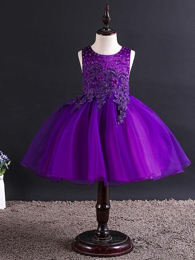 Sleeveless Jewel Neck Beaded Tulle Ball Gown Flower Girl Wedding Dress
