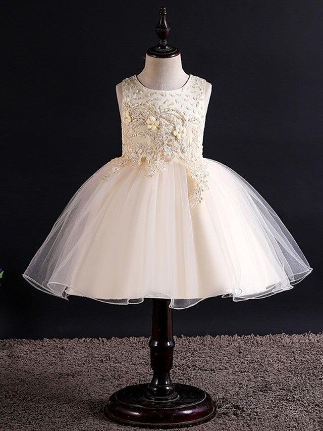 Sleeveless Jewel Neck Beaded Tulle Ball Gown Flower Girl Wedding Dress