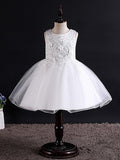 Sleeveless Jewel Neck Beaded Tulle Ball Gown Flower Girl Wedding Dress