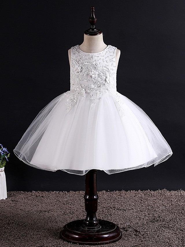 Sleeveless Jewel Neck Beaded Tulle Ball Gown Flower Girl Wedding Dress