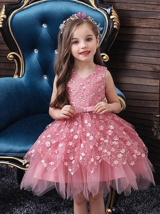 Short V Neck Sleeveless Tulle Ball Gown Applique Flower Girl Dress