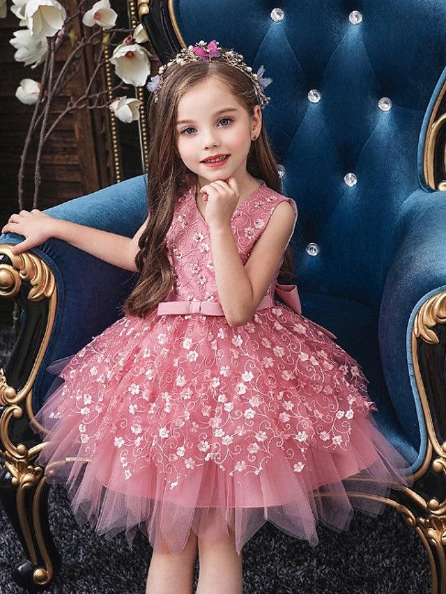 Short V Neck Sleeveless Tulle Ball Gown Applique Flower Girl Dress