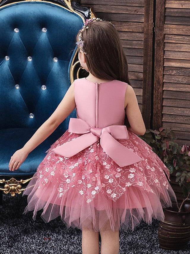 Short V Neck Sleeveless Tulle Ball Gown Applique Flower Girl Dress
